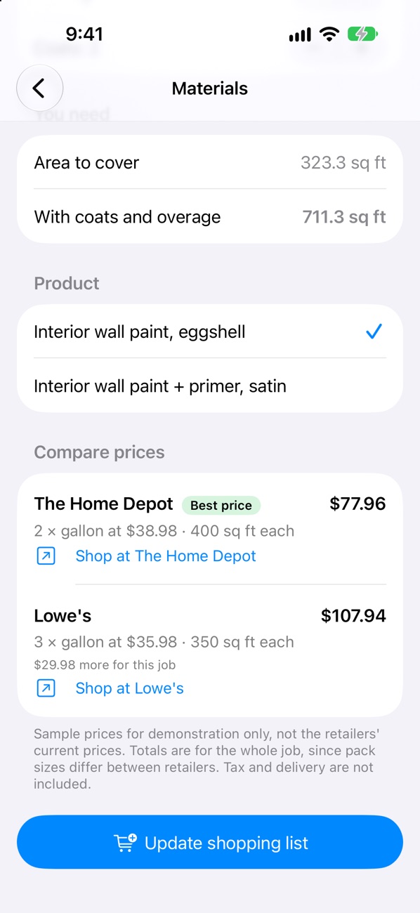 Roomwise working out wall paint for the room and comparing the cost at two stores