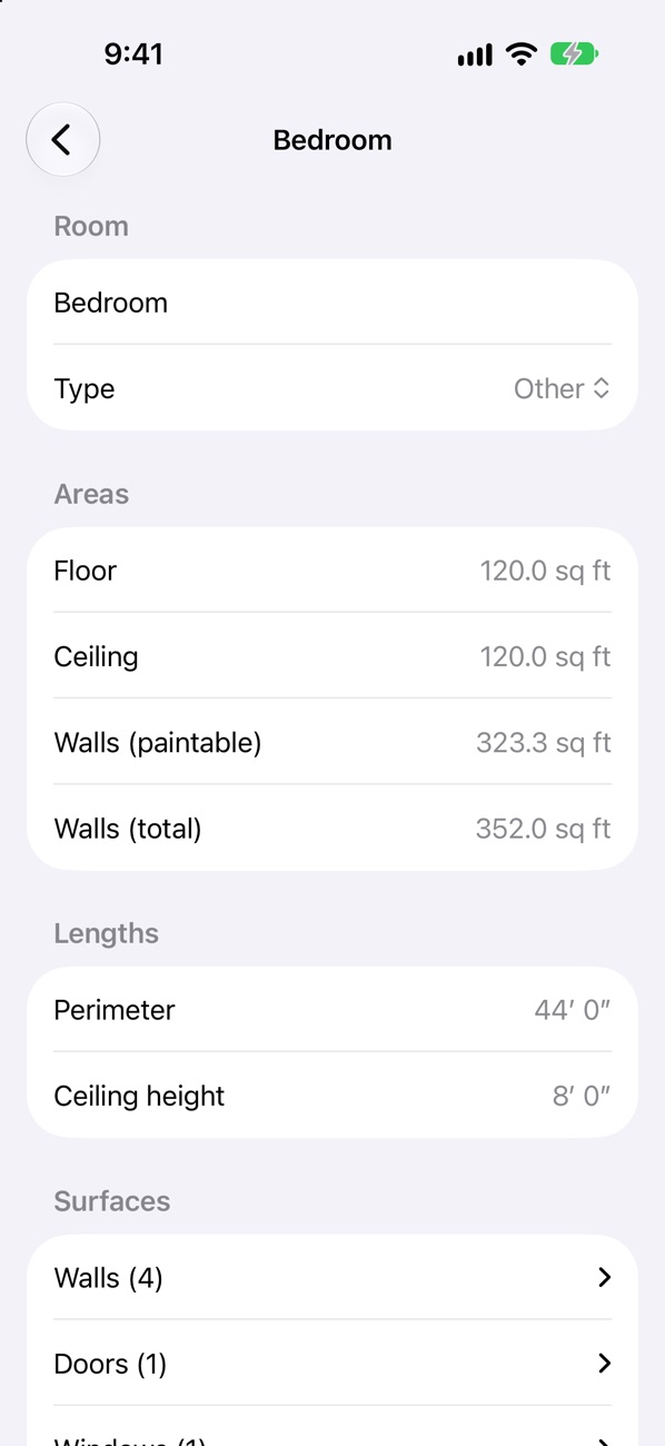 Roomwise showing a bedroom's measurements: floor and ceiling 120 square feet, paintable walls 323 square feet, perimeter 44 feet