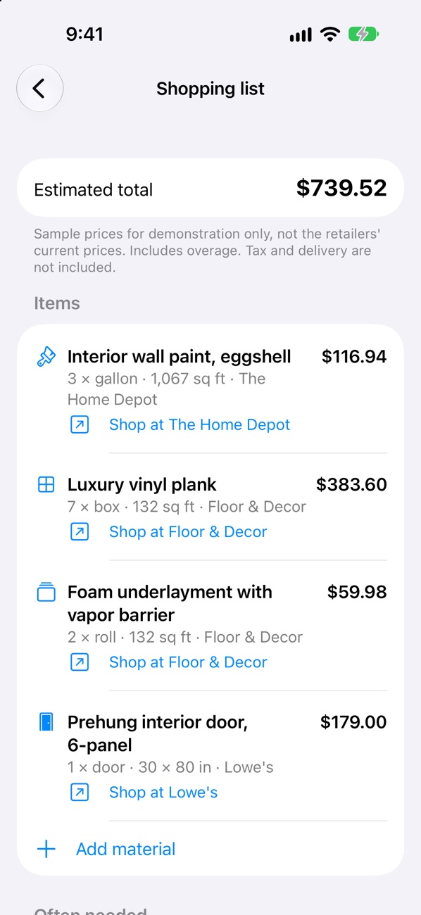 Roomwise shopping list with paint, vinyl plank flooring, underlayment and a door, and an estimated total